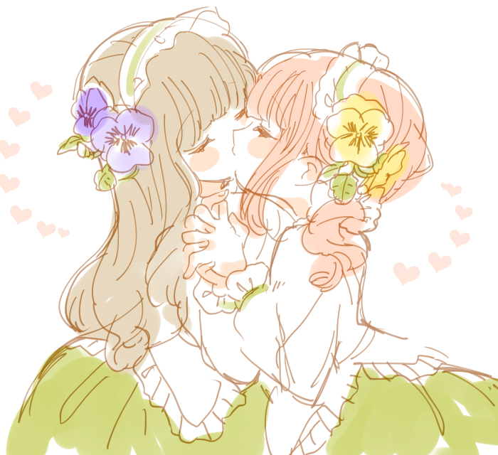 2girls, bemani, blush_stickers, brown_hair, closed_eyes, flower, green_skirt, hair_flower