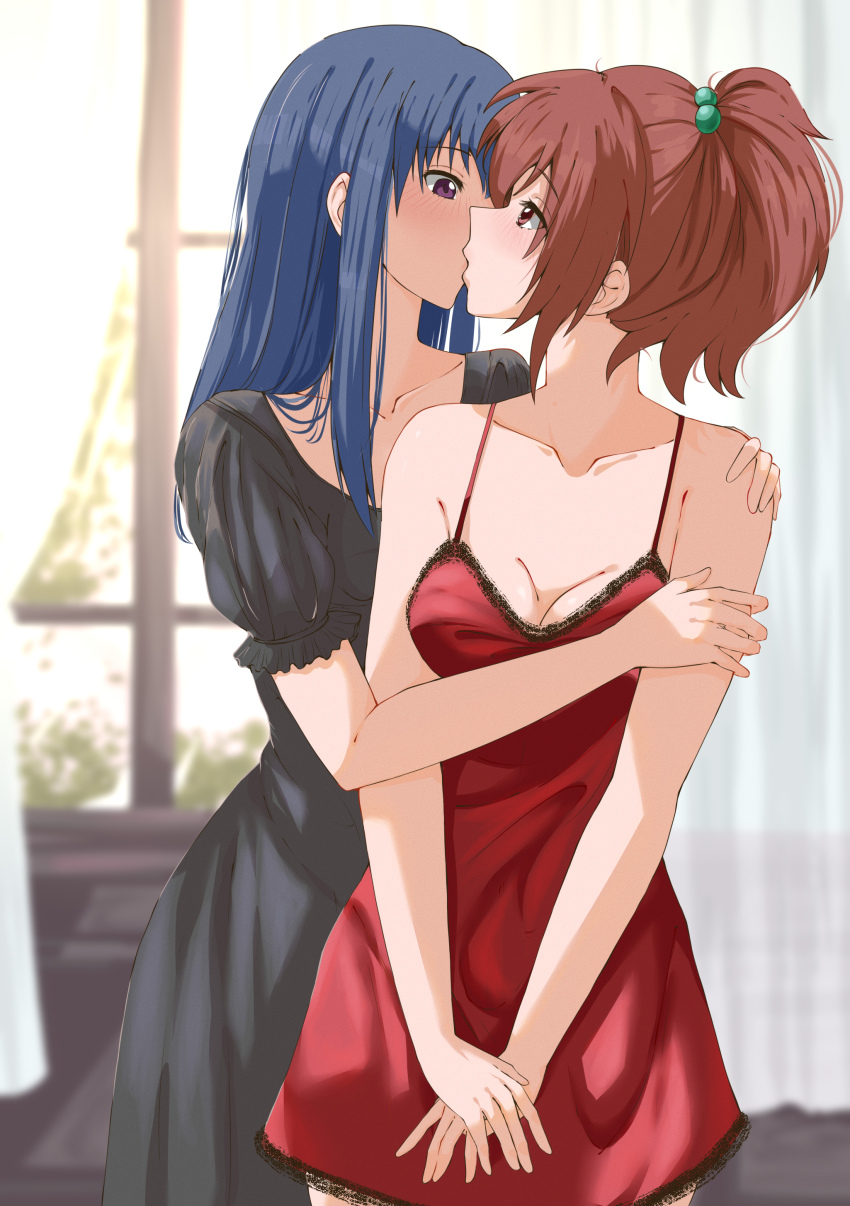 2girls, absurdres, aoi_nagisa, black_nightgown, blue_hair, blush, brown_hair, couple