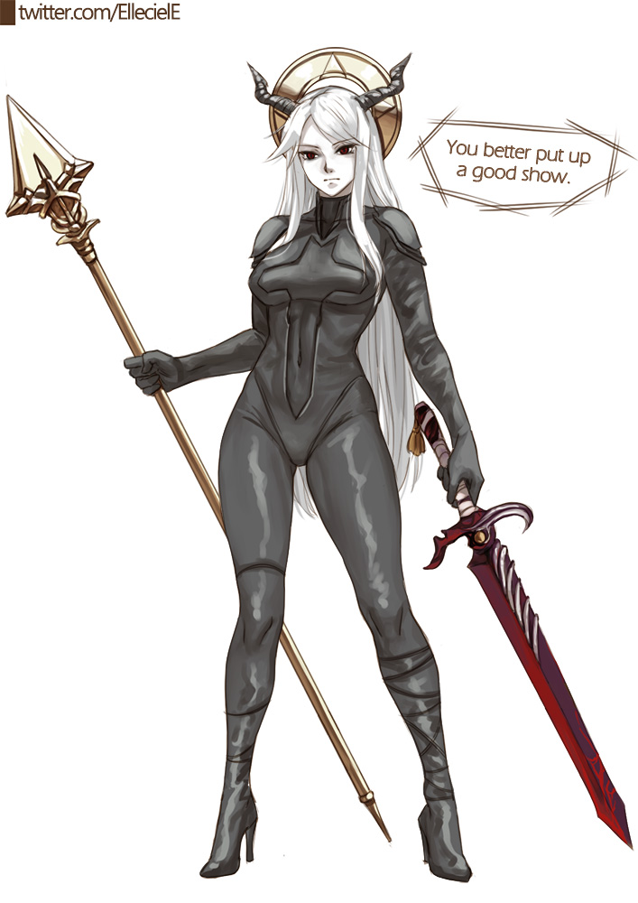 1girl, asymmetrical_dual_wielding, black_bodysuit, black_horns, bodysuit, breasts, closed_mouth, dual_wielding, elleciel.eud, english_text, fear_&amp;_hunger, fear_&amp;_hunger_(series), fear_&amp;_hunger_2:_termina, full_body, halo, halo_behind_head, high_heels, holding, holding_polearm, holding_sword, holding_weapon, horns, long_hair, looking_at_viewer, medium_breasts, multiple_weapons, polearm, red_eyes, sepia, sidelocks, simple_background, solo, spear, spot_color, swept_bangs, sword, the_heartless_one_(fear_&amp;_hunger), twitter_username, weapon, white_background, white_hair