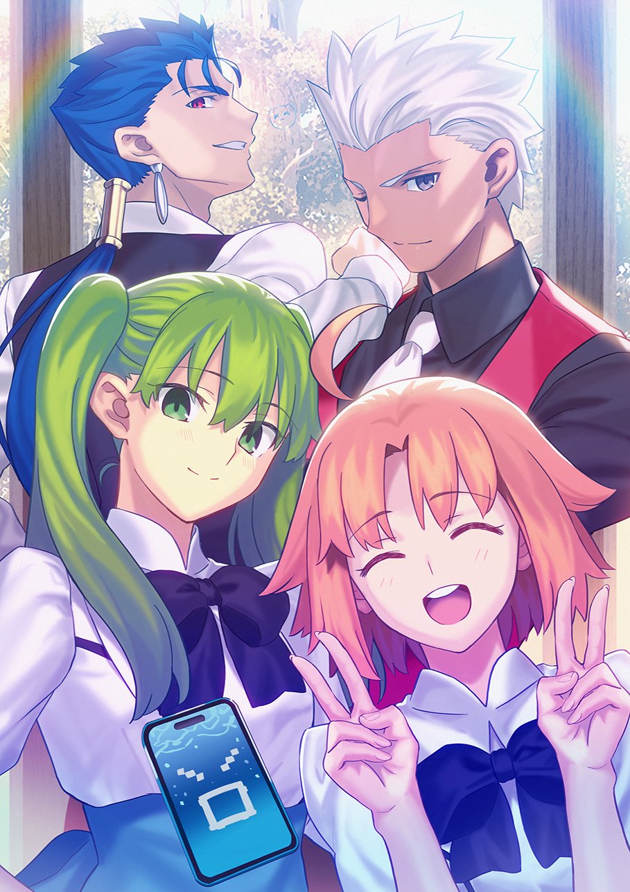 2boys, 2girls, ahoge, aora, apron, archer_(fate), archer_(mister_red_gadget)_(fate), black_bow, black_shirt, black_vest, blue_hair, bow, bowtie, cellphone, closed_eyes, collared_shirt, cu_chulainn_(fate), cu_chulainn_(garcon)_(fate), cu_chulainn_(lancer)_(fate), dark-skinned_male, dark_skin, double_v, earrings, fate/stay_night, fate_(series), green_eyes, green_hair, grin, hibino_hibiki, highres, jewelry, katsuragi_chikagi, long_hair, long_sleeves, mahou_tsukai_no_hako, multiple_boys, multiple_girls, orange_apron, orange_hair, phone, ponytail, puffy_sleeves, red_eyes, red_vest, shirt, short_hair, smartphone, smile, spiked_hair, twintails, type-moon, v, vest, waiter, waitress, white_hair, white_shirt