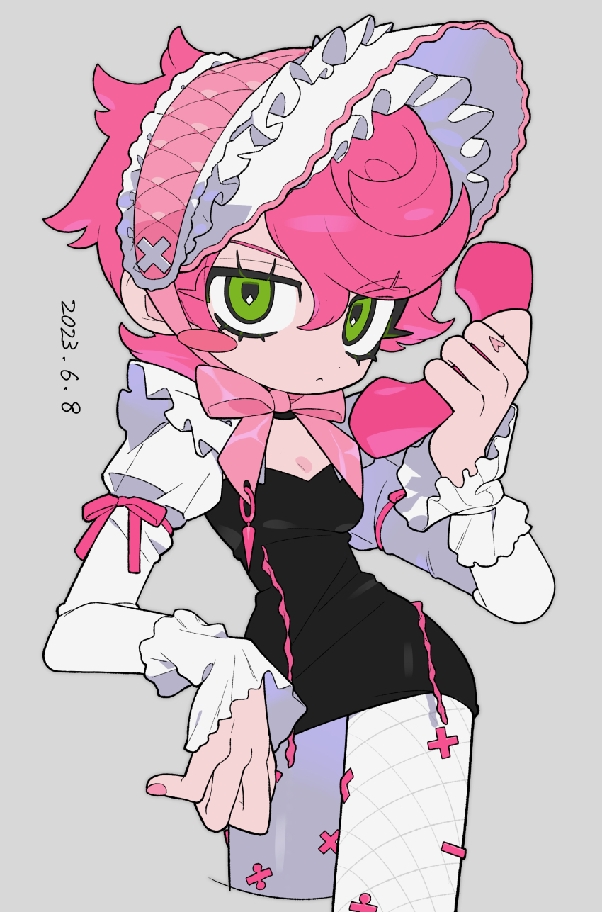 1girl, absurdres, black_dress, blush_stickers, bonnet, bow, breasts, c73an