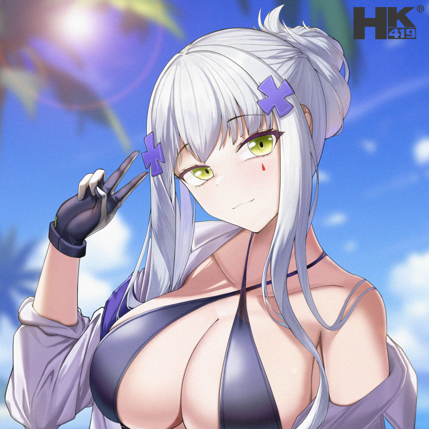 1girl, art_study, artist_name, bikini, bikini_top_only, blue_sky, blurry, blurry_background