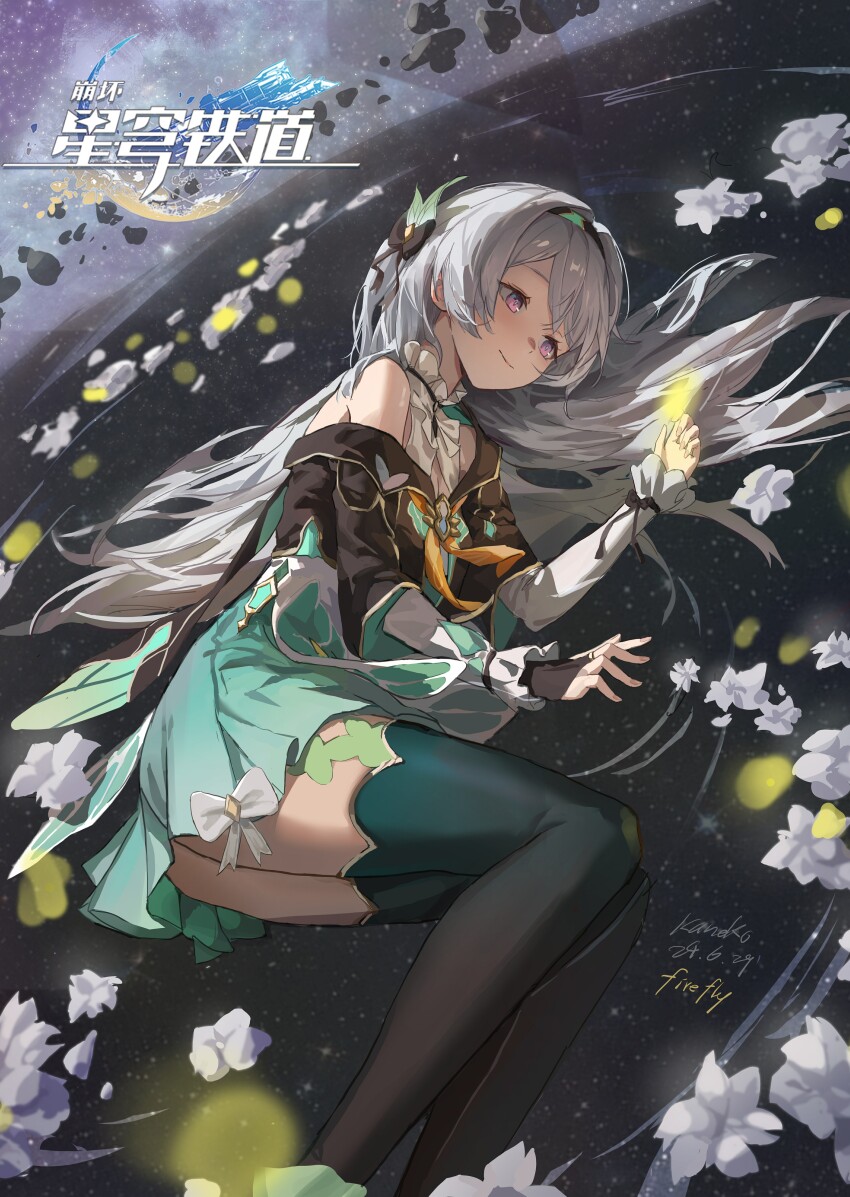 1girl, absurdres, aqua_skirt, black_gloves, black_hairband, breasts, collared_shirt, cropped_jacket