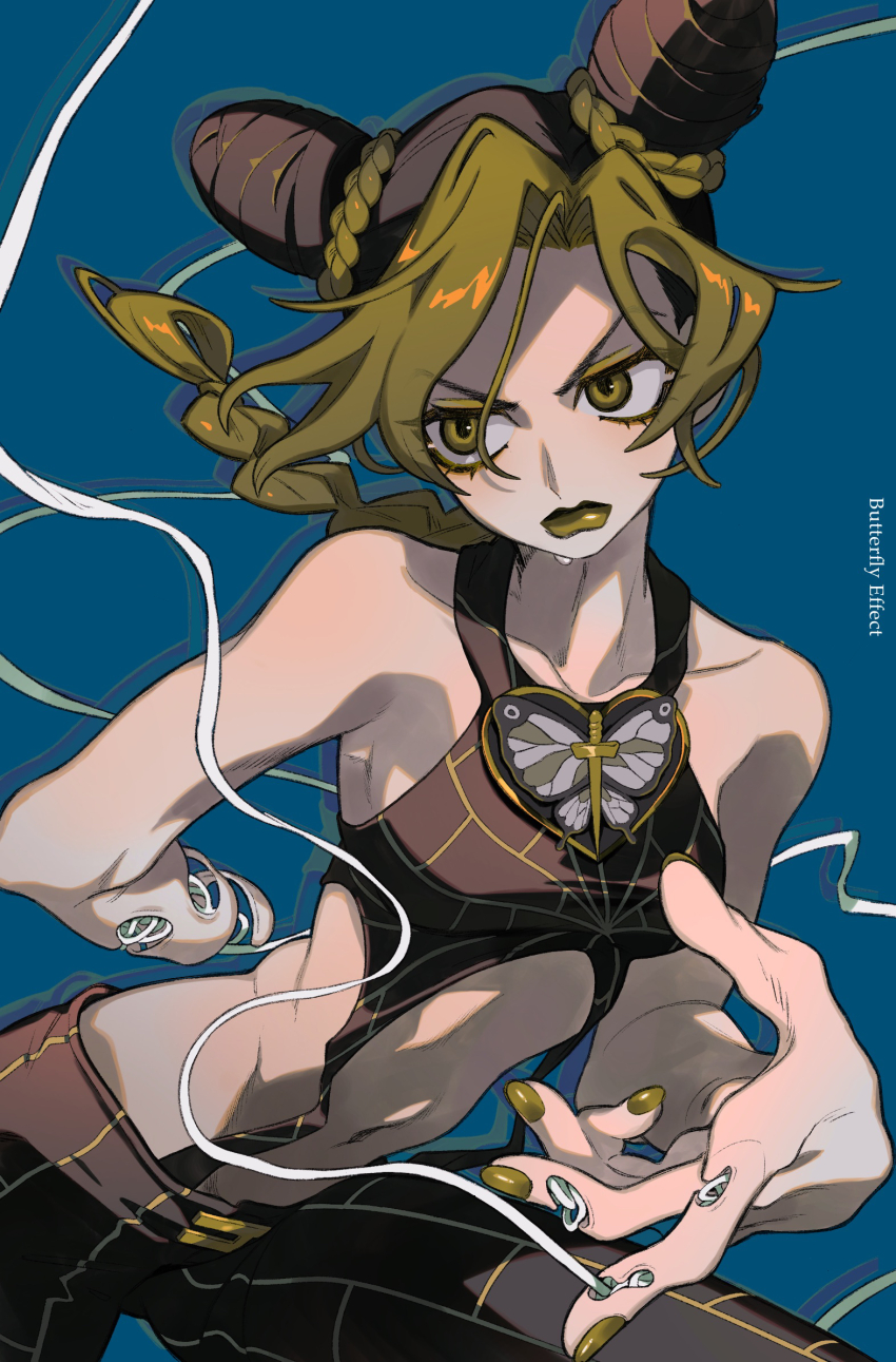 1girl, black_pants, black_shirt, blue_background, braid, bun_with_braided_base, c73an, collarbone