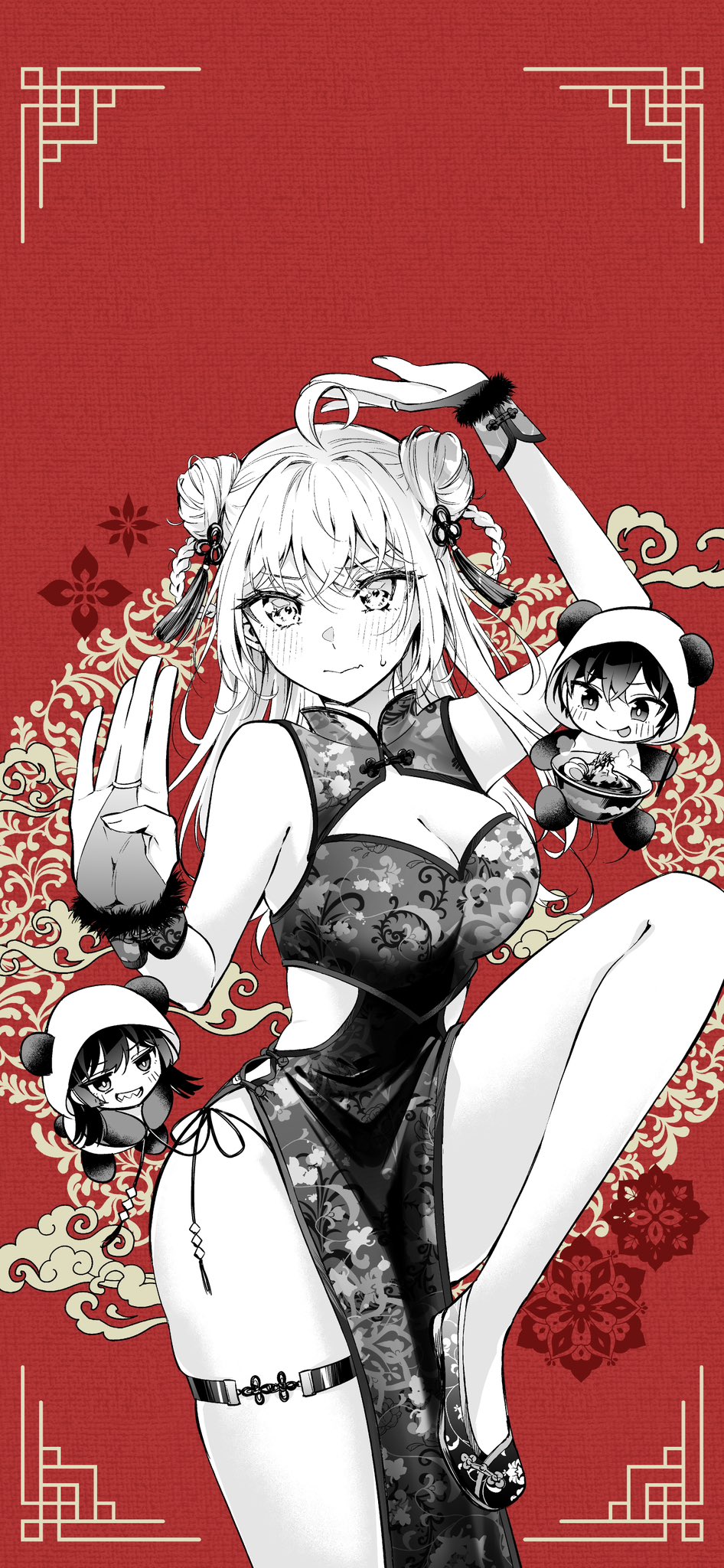 1boy, 2girls, ahoge, alisa_mikhailovna_kujou, animal_costume, animal_ears, animal_hood, arm_above_head