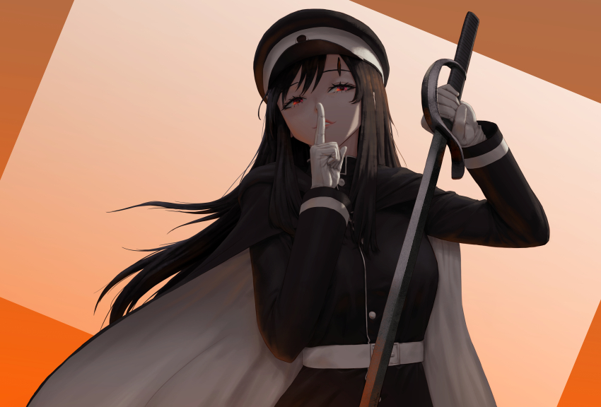 1girl, absurdres, belt, black_cape, black_hair, black_hat, brown_background, cape