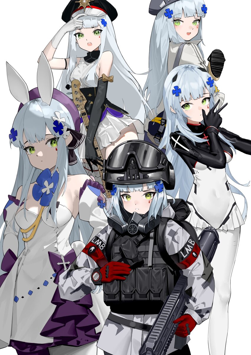 5girls, absurdres, animal_ears, asymmetrical_gloves, black_bodysuit, black_gloves, black_vest, blue_hair