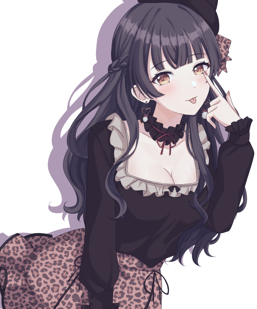 1girl, absurdres, black_hair, blush, breasts, brown_eyes, highres, idolmaster, idolmaster_shiny_colors, long_hair, long_sleeves, looking_at_viewer, mayuzumi_fuyuko, ribbon, riyu_(jmvt8232), shirt, simple_background, skirt, solo, tongue, tongue_out, two_side_up, white_background