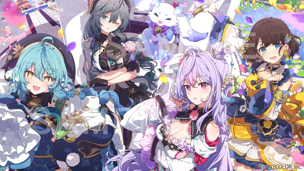 4girls, ahoge, bell, blue_eyes, breasts, brown_hair, butterfly_hair_ornament, copyright_notice