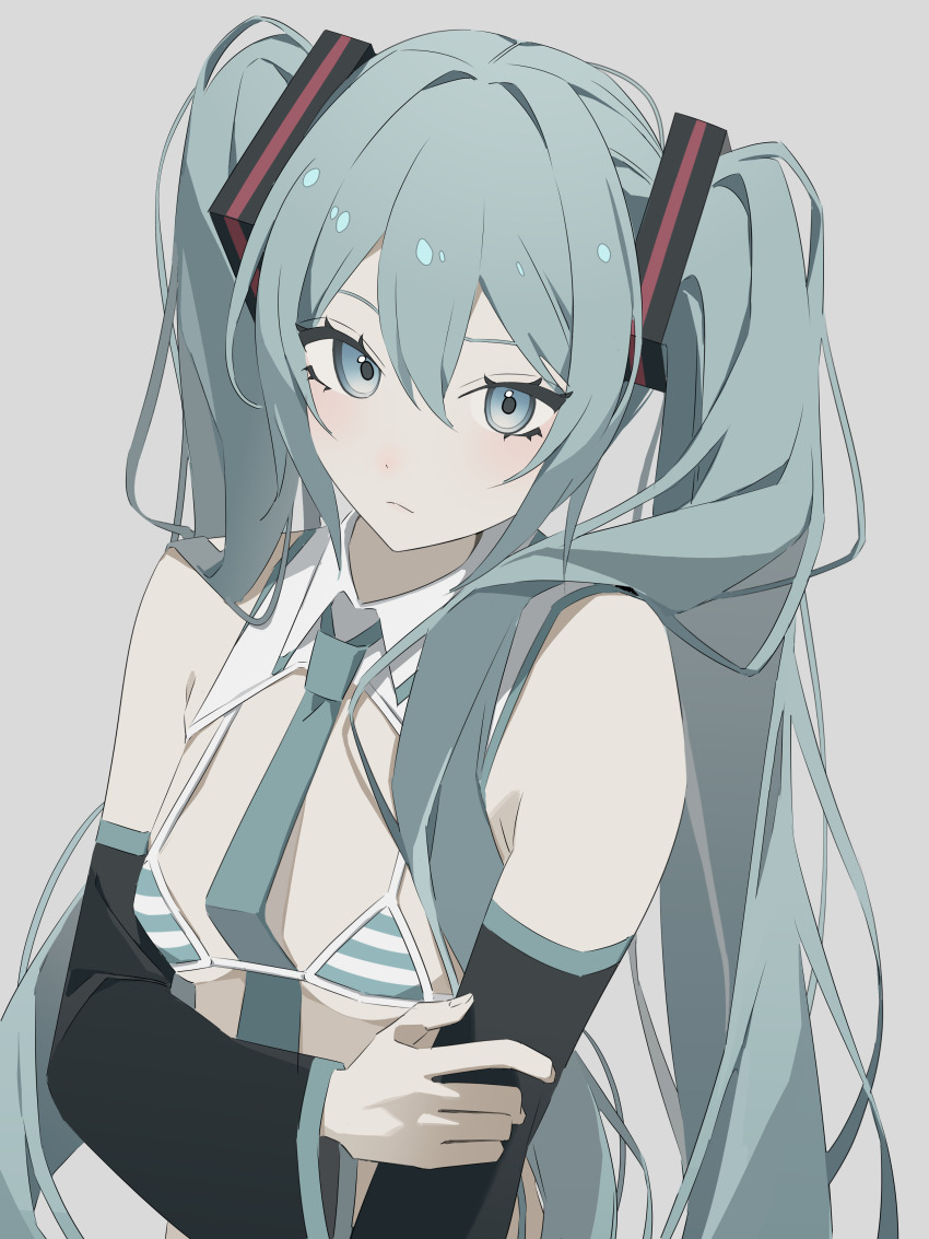 1girl, absurdres, aqua_bikini, aqua_hair, aqua_necktie, aqua_trim, arm_at_side, azuki_(ckxs7444)