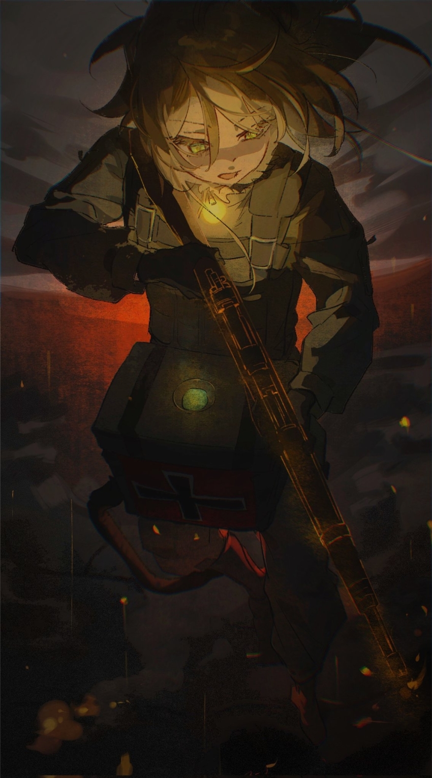 1girl, blonde_hair, glowing, green_eyes, gun, highres, holding, holding_gun