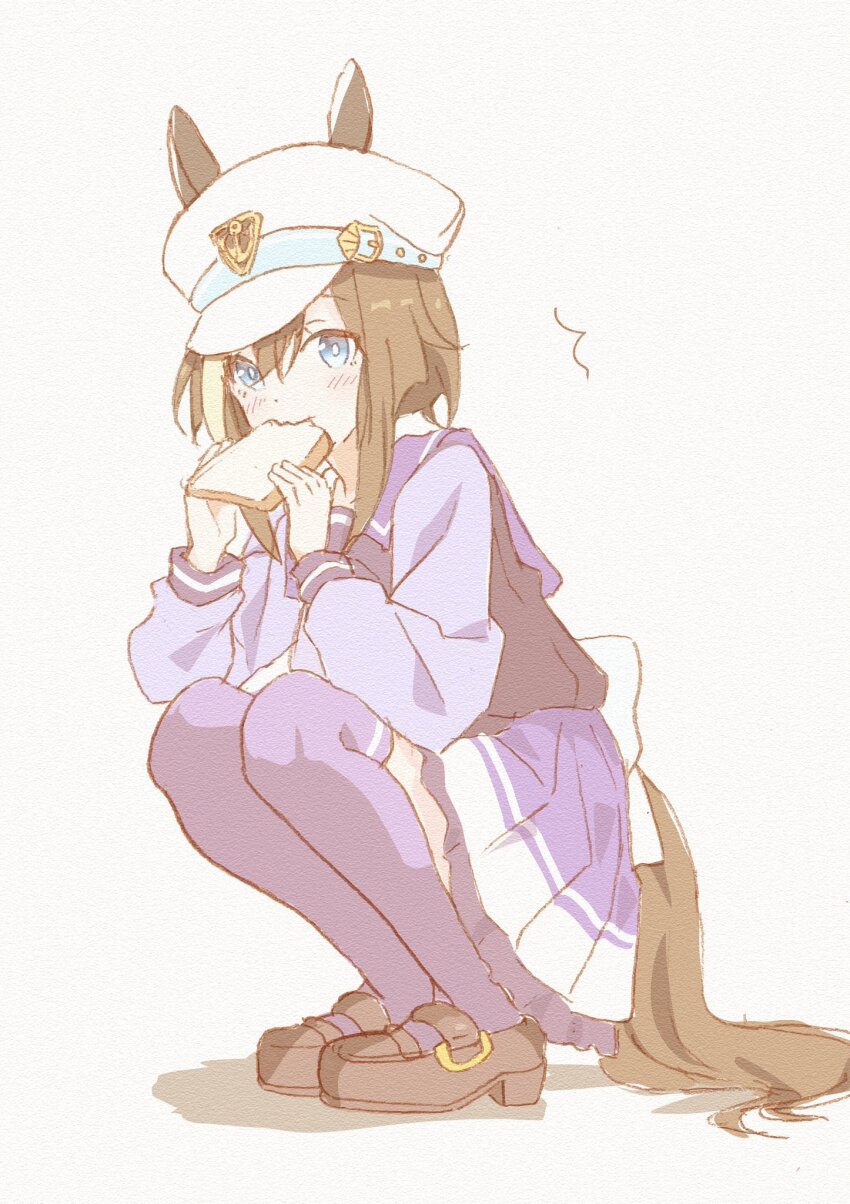 1girl, animal_ears, blue_eyes, blush, bread, bread_slice, breasts, brown_hair