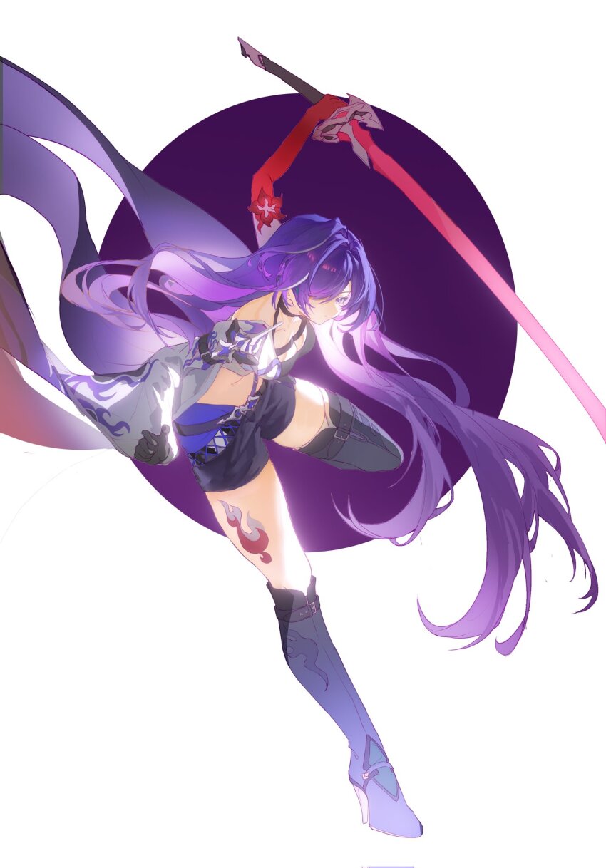 1girl, acheron_(honkai:_star_rail), arm_up, armor, bandaged_leg, bandages, belt, black_belt