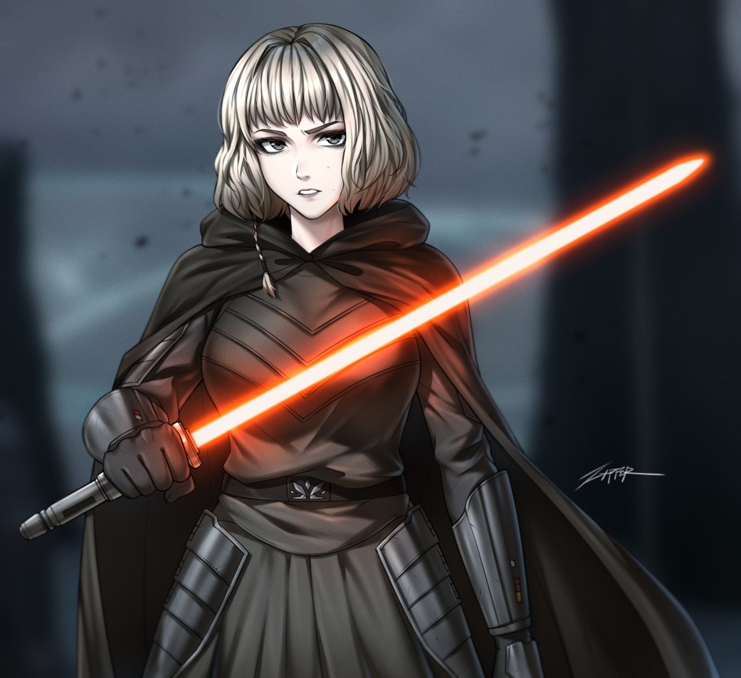 1girl, black_cloak, black_eyes, black_gloves, black_hood, black_tunic, cloak, energy_sword, gloves, holding, holding_sword, holding_weapon, hood, hooded_cloak, lightsaber, looking_at_viewer, red_lightsaber, shin_hati, short_hair, signature, sith, solo, star_wars, star_wars:_ahsoka, sword, tunic, weapon, white_hair, zxpfer
