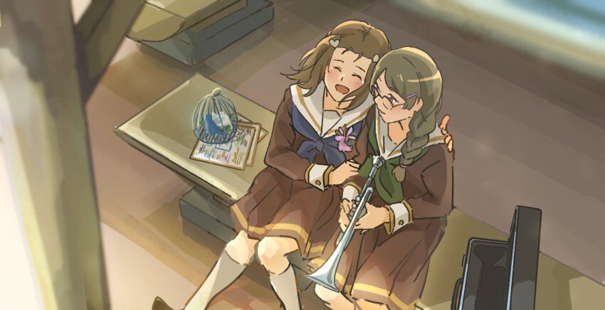 2girls, bag, braid, brown_hair, fuyuhino, glasses, graduation, hair_ornament