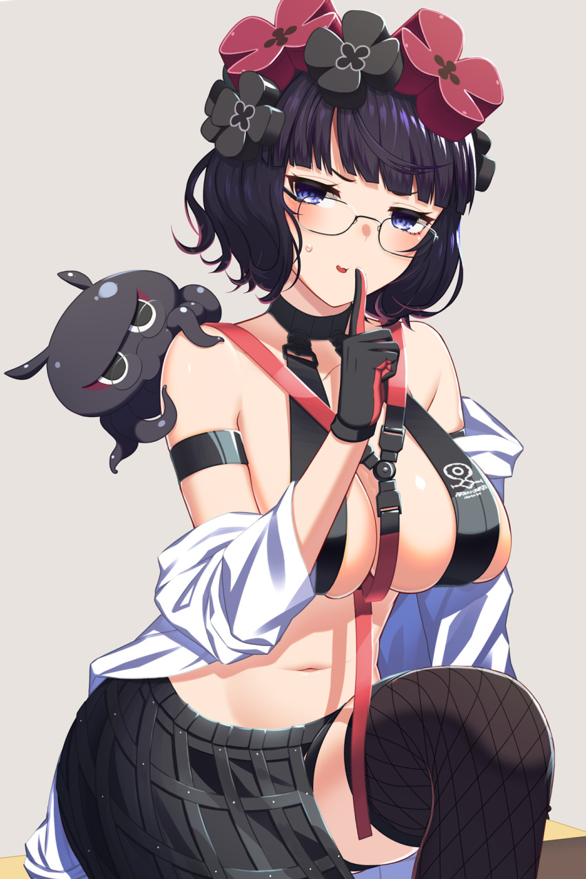 1girl, bare_shoulders, bikini, black_bikini, black_gloves, black_skirt, blush, breasts