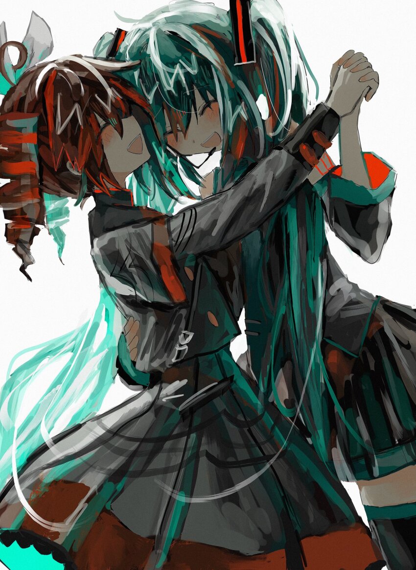 2girls, :d, ahoge, aqua_hair, bare_shoulders, blush, bow, buttons, closed_eyes, collared_jacket, detached_sleeves, double-breasted, drill_hair, grey_jacket, hair_bow, hair_ornament, hatsune_miku, highres, jacket, kasane_teto, kasane_teto_(sv), long_hair, long_sleeves, multiple_girls, necktie, open_mouth, pleated_skirt, red_hair, simple_background, skirt, sleeveless, smile, synthesizer_v, tango, thighhighs, twin_drills, twintails, unagizaka_gohan, utau, very_long_hair, vocaloid, white_bow