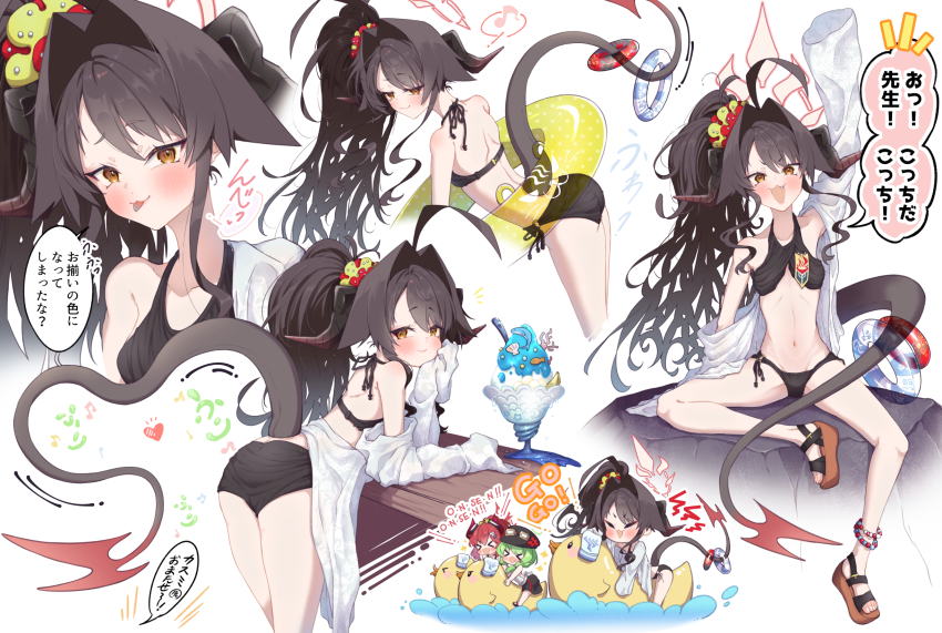 >_<, 3girls, ahoge, alternate_hairstyle, ass, bikini, black_bikini, black_hair, black_horns, black_tail, blue_archive, blush, breasts, butt_crack, chabo_24, closed_eyes, closed_mouth, demon_horns, eighth_note, food, hair_intakes, halo, highres, horns, hot_springs_department_member_(blue_archive), hot_springs_department_member_(gl)_(blue_archive), innertube, kasumi_(blue_archive), long_hair, megu_(blue_archive), multiple_girls, multiple_views, musical_note, navel, open_mouth, red_halo, sandals, shaved_ice, side_ponytail, simple_background, small_breasts, smile, speech_bubble, spoken_musical_note, swim_ring, swimsuit, tail, toes, tongue, tongue_out, translation_request, very_long_tail, white_background, yellow_eyes