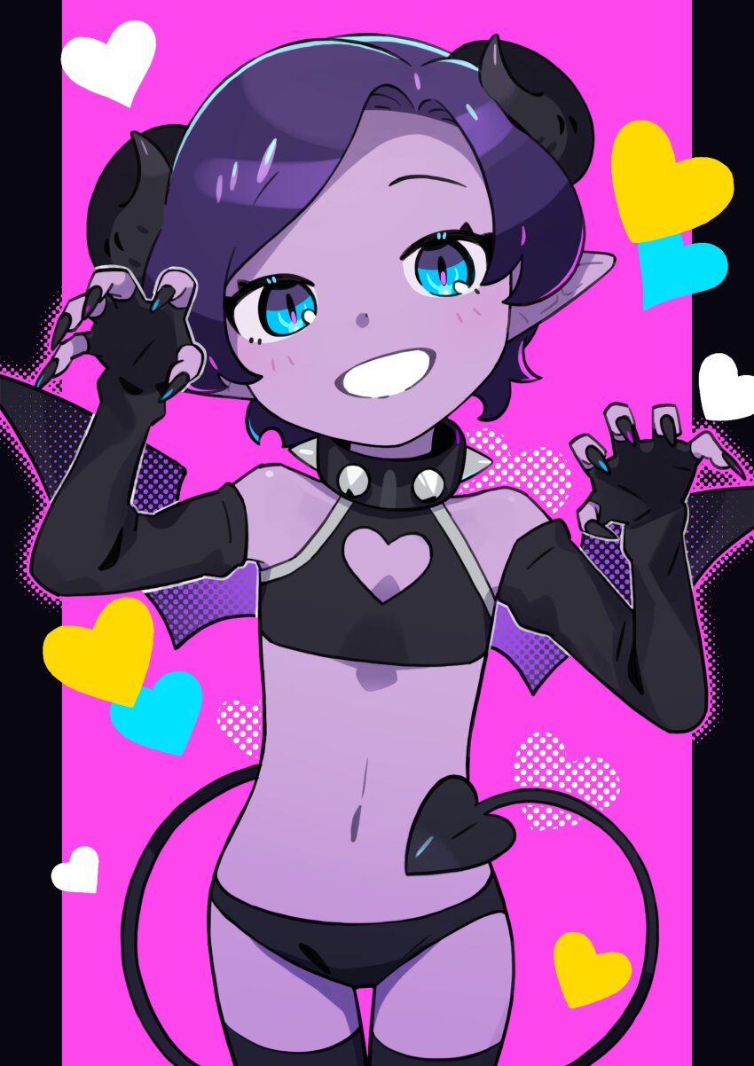 1boy, black_nails, blue_eyes, center_opening, claw_pose, collar, colored_skin, commentary_request, cowboy_shot, demon_boy, demon_horns, demon_tail, demon_wings, elbow_gloves, fingerless_gloves, fingernails, gloves, grin, hands_up, highres, horns, male_focus, original, pink_background, pink_pupils, pointy_ears, purple_hair, purple_skin, saadiya74, sharp_fingernails, short_hair, shota, sleeveless, smile, solo, spiked_collar, spikes, tail, trap, wings