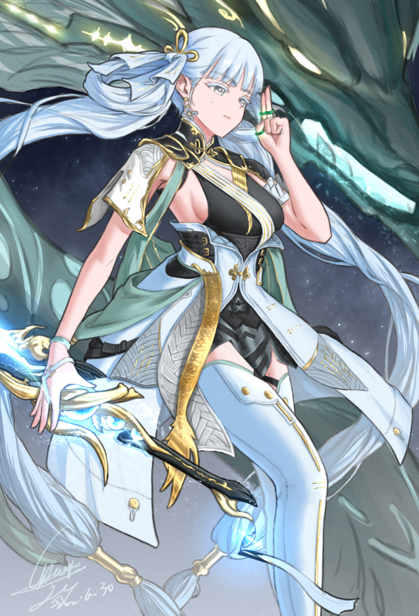 1girl, 1other, 2024, black_collar, black_dress, boots, breasts, bright_pupils