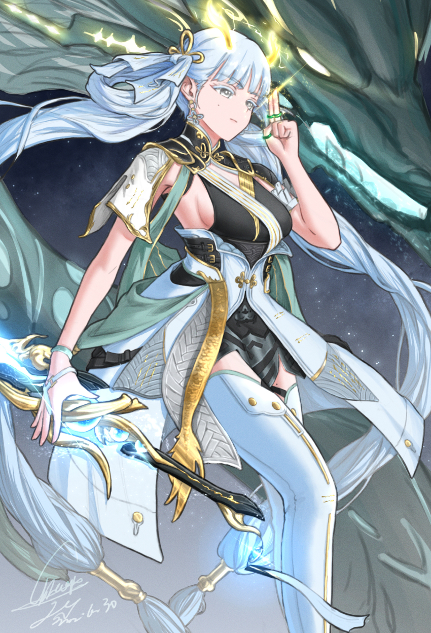 1girl, 1other, 2024, black_collar, black_dress, boots, breasts, bright_pupils, closed_mouth, coat, coattails, collar, commentary, dated, dragon_horns, dress, earrings, eastern_dragon_horns, highres, holding, holding_sword, holding_weapon, horns, jewelry, jinhsi_(wuthering_waves), jue_(wuthering_waves), kuji-in, large_breasts, long_hair, looking_ahead, low_twintails, mole, mole_on_cheek, mole_on_thigh, one_e_gg, sideboob, signature, sword, tailcoat, thigh_boots, twintails, two_side_up, very_long_hair, weapon, white_coat, white_eyes, white_hair, white_pupils, wuthering_waves