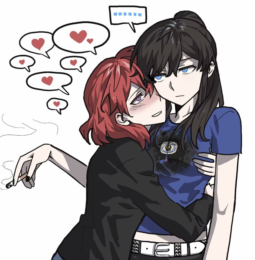 2girls, ari_(class_of_09), black_hair, blue_eyes, blue_shirt, blush, bugs_bug_me, cigarette, class_of_09, closed_mouth, heart, high_ponytail, highres, holding, holding_cigarette, hug, long_hair, long_sleeves, looking_to_the_side, medium_hair, multiple_girls, nail_polish, nicole_(class_of_09), open_mouth, ponytail, purple_eyes, red_eyes, shirt, short_sleeves, simple_background, smile, speech_bubble, white_background, yuri