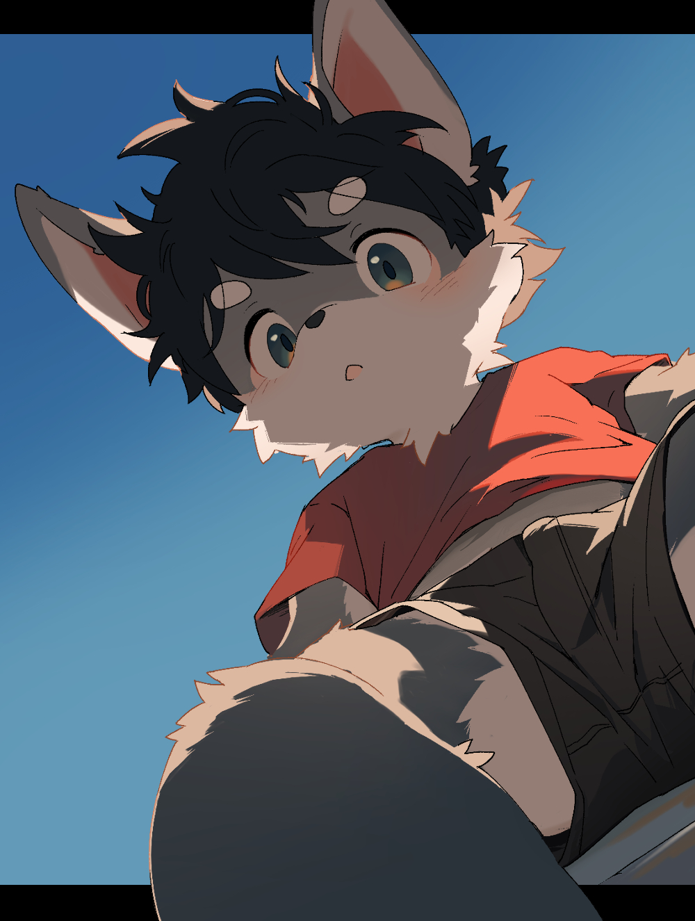 1boy, :o, acnhiti, animal_ears, backlighting, black_hair, black_shorts, blue_sky