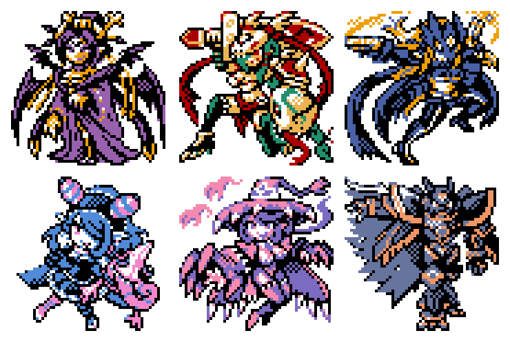 1boy, 5girls, alphamon, beelstarmon, breasts, cape, cleavage, demon, demon_girl, digimon, digimon_(creature), fallen_angel, gun, hat, holding, holding_gun, holding_sword, holding_weapon, large_breasts, lilithmon, mark_of_evil, mask, mervamon, mienumon, multiple_girls, nintendo, official_style, pixel_art, pokemon, pokemon_red/green/blue/yellow, rastadog77, shield, sword, underboob, warudamon, weapon, wings, witch_hat