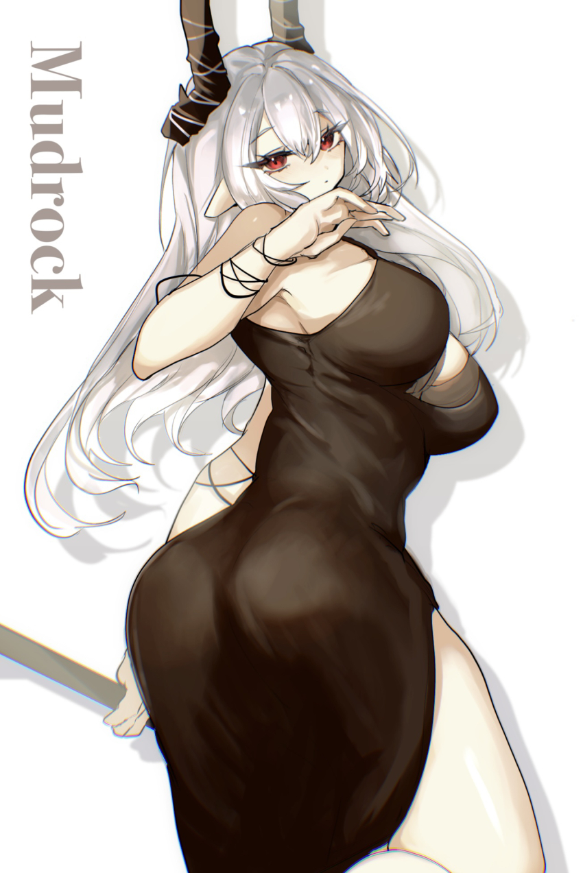 1girl, arknights, ass, bare_shoulders, black_dress, black_horns, breasts, character_name
