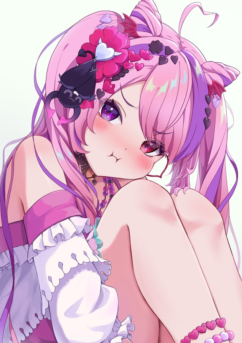 1girl, ahoge, blush, bubi_(ironmouse), demon_girl, demon_wings, dress, hair_ornament