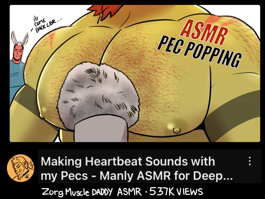 2boys, animal_ears, asmr, bara, binaural_microphone, english_text, head_out_of_frame, highres, large_pectorals, male_focus, mature_male, microphone, monster_boy, multiple_boys, muscular, muscular_male, nipples, onlytusks, orc, original, pectoral_focus, pectorals, photo-referenced, rabbit_ears, short_hair, solo_focus, thick_back_hair, thick_chest_hair, upper_body, video_thumbnail, youtube, zorg_(onlytusks)