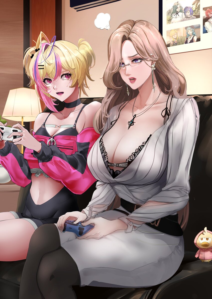 2girls, absurdres, antenna_hair, bare_shoulders, belt, bird, black_belt, black_bra, black_choker, black_shorts, blonde_hair, bra, breasts, brown_hair, chameleon_(path_to_nowhere), character_request, choker, cleavage, clothing_cutout, commentary_request, controller, couch, crop_top, detached_sleeves, door, duck, earrings, game_controller, hair_behind_ear, hair_over_one_eye, high-waist_dress, highres, holding, holding_controller, hood, hoodie, indoors, jewelry, lace, lace_bra, lamp, large_breasts, looking_at_another, low_neckline, miniskirt, multicolored_hair, multiple_girls, navel_cutout, necklace, nof, open_mouth, pantyhose, path_to_nowhere, photo_(object), picture_frame, pink_eyes, pink_hoodie, playing_games, playing_video_games, purple_eyes, red_lips, shorts, sitting, skirt, streaked_hair, two_side_up, underwear