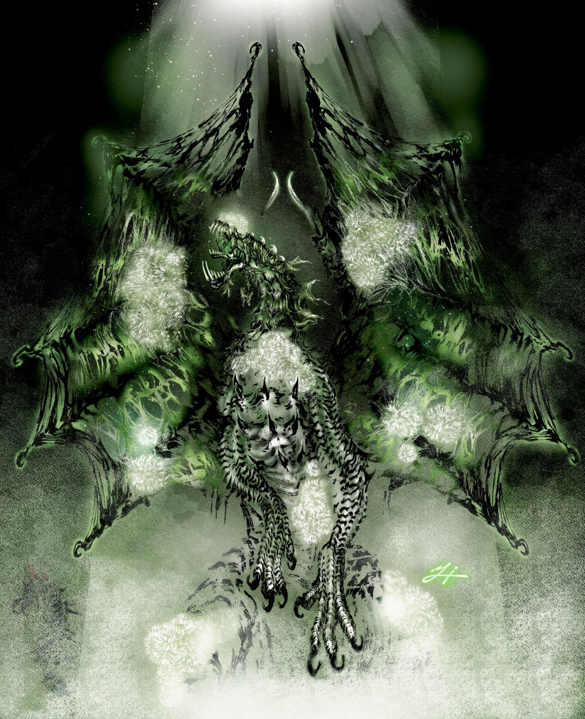 absurdres, blackveil_vaal_hazak, calligraphy_brush_(medium), claws, covered_eyes, deadpool_yuchan, dragon, dragon_wings, green_theme, highres, light, monster, monster_focus, monster_hunter:_world, monster_hunter_(series), no_humans, open_mouth, rearing, rotting, sharp_teeth, signature, solo, spiked_wings, spikes, spores, spread_wings, teeth, vaal_hazak, veil, wings