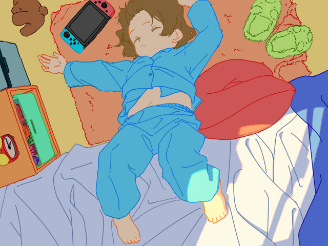 1girl, bedroom, brown_hair, closed_eyes, hamachi_(galileo0309), indoors, midriff, navel, nintendo_switch, original, pajamas, sleeping, slippers, upside-down