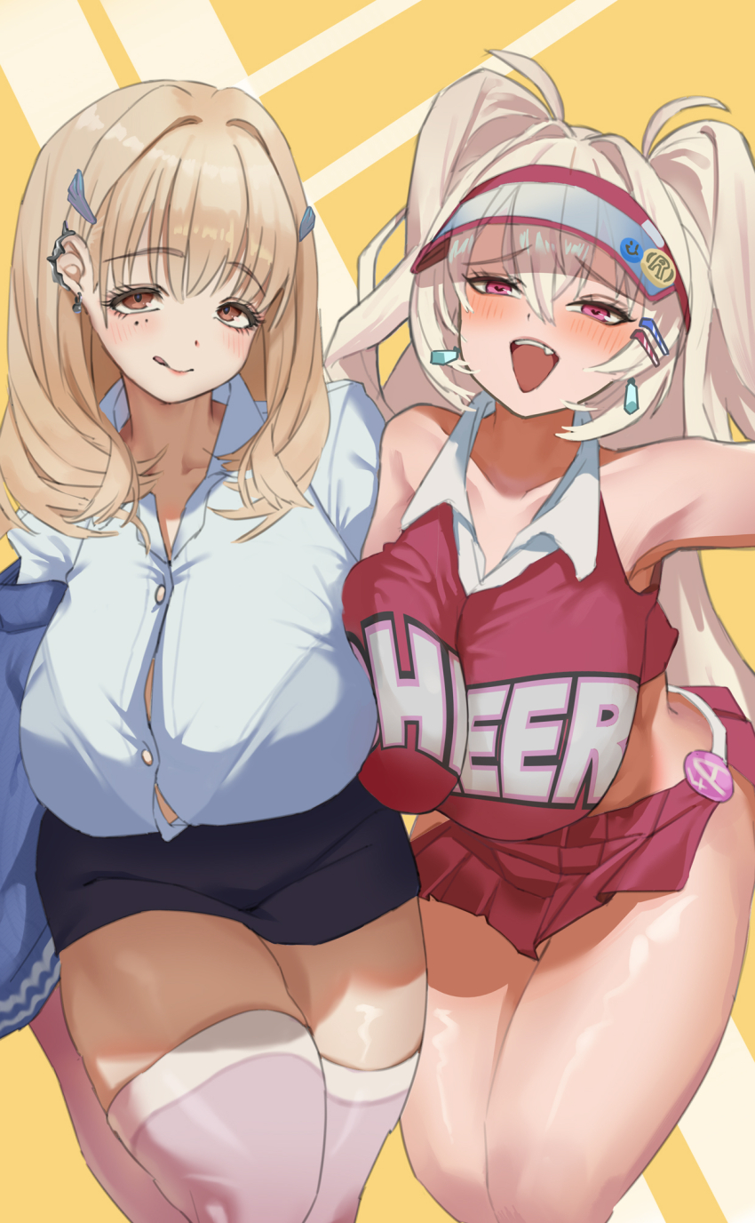 2girls, :d, :q, bare_shoulders, blonde_hair, blush, breasts, brown_eyes, cheerleader, clay_(nikke), earrings, fang, goddess_of_victory:_nikke, hair_ornament, hairclip, heart, heart-shaped_pupils, highres, jewelry, large_breasts, long_hair, mamaroa, midriff, multiple_girls, off_shoulder, open_mouth, pencil_skirt, pink_eyes, pleated_skirt, school_uniform, skirt, smile, symbol-shaped_pupils, teeth, thighhighs, tia_(nikke), tongue, tongue_out, visor_cap, white_thighhighs