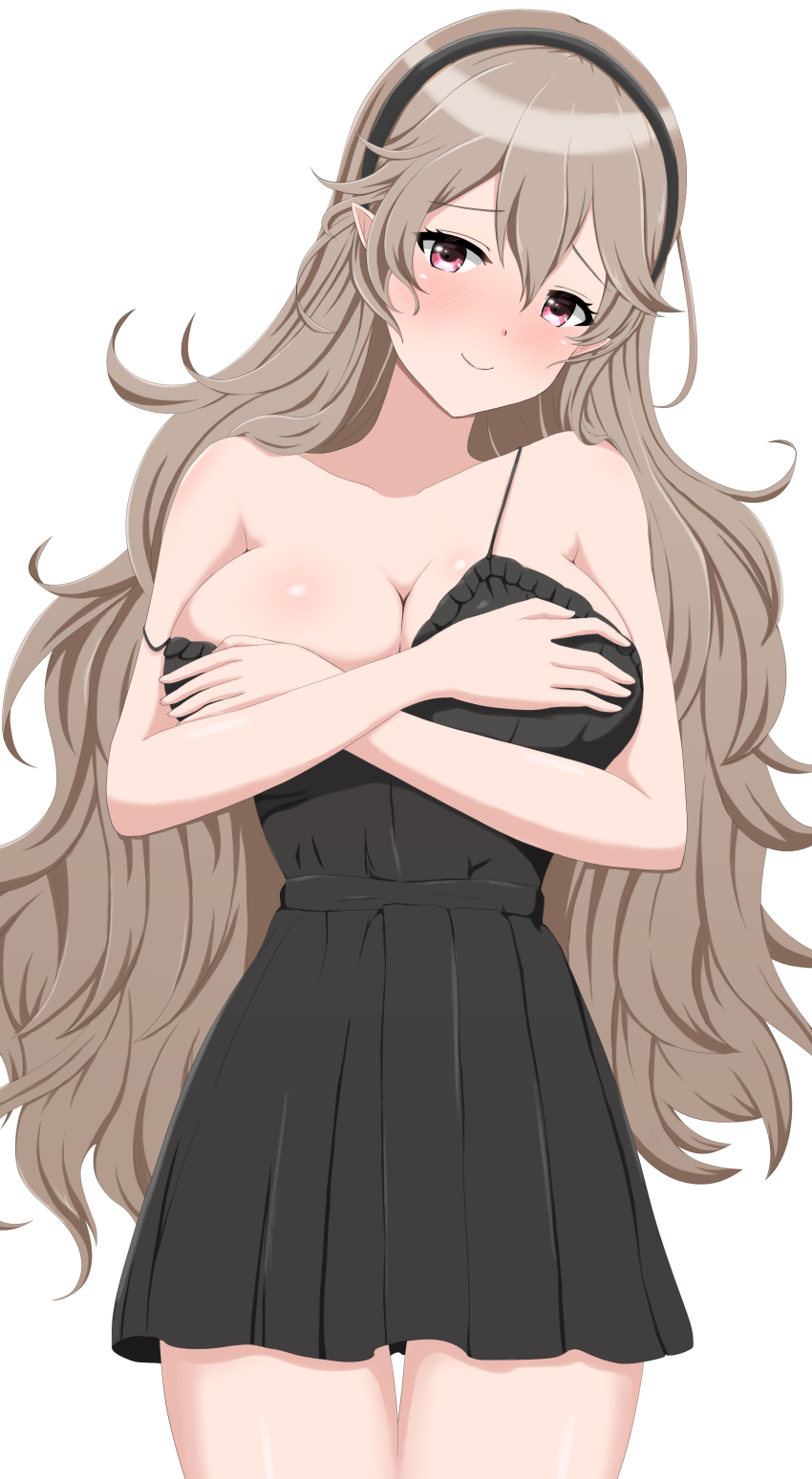 1girl, absurdres, bare_shoulders, breasts, brown_hair, cleavage, female_corrin_(fire_emblem), fire_emblem, fire_emblem_fates, grey_eyes, highres, large_breasts, lingerie, long_hair, looking_at_viewer, nintendo, off_shoulder, patty_ojisan, pointy_ears, simple_background, smile, solo, spaghetti_strap, underwear, very_long_hair