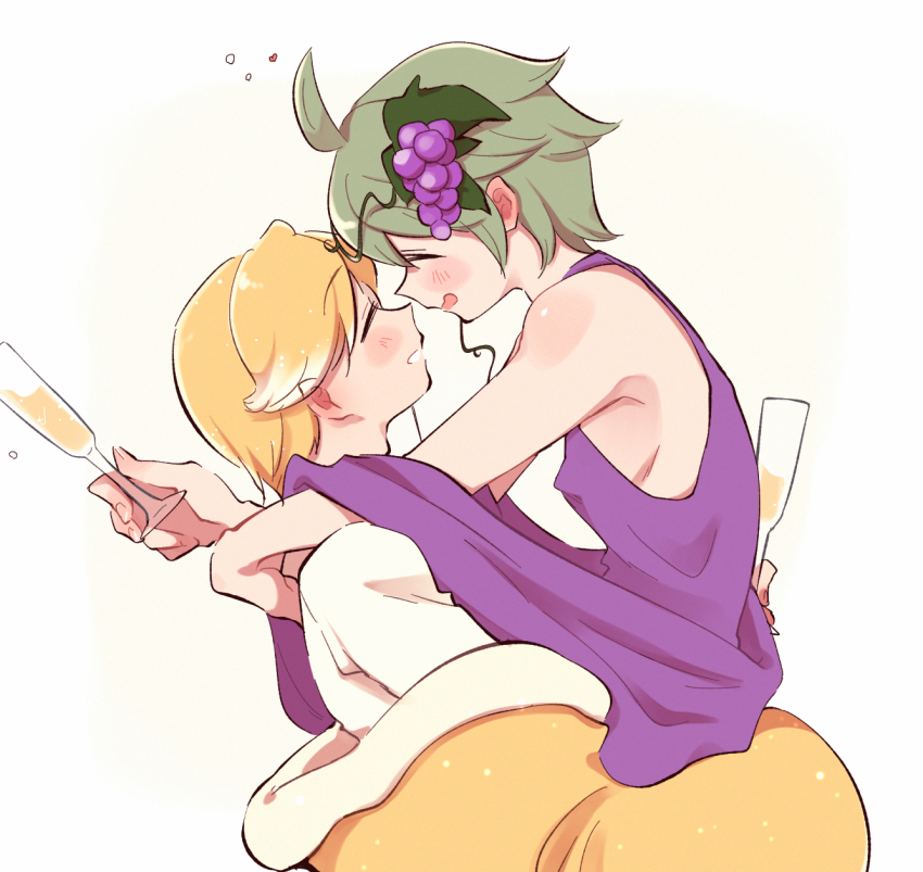 2boys, ahoge, alcohol, alternate_costume, arms_around_another's_neck, arms_around_neck, blonde_hair, blush