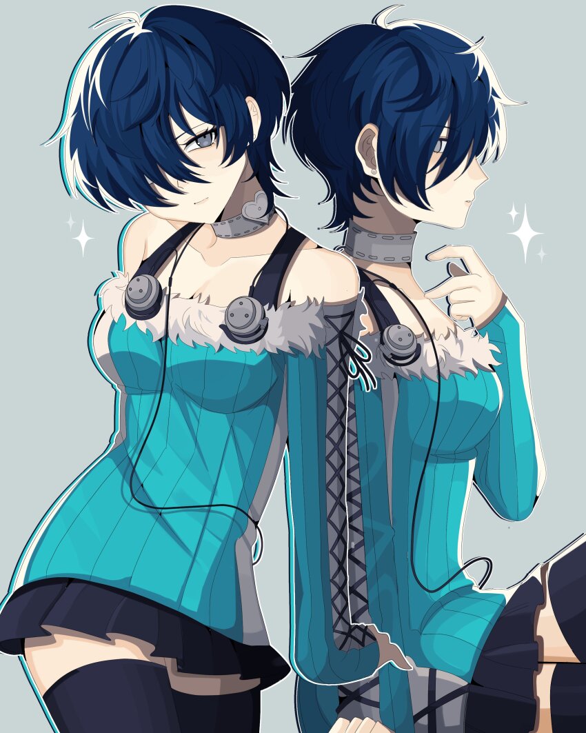 1girl, absurdres, adapted_costume, arm_support, bare_shoulders, black_thighhighs, blue_hair, bobamiruku