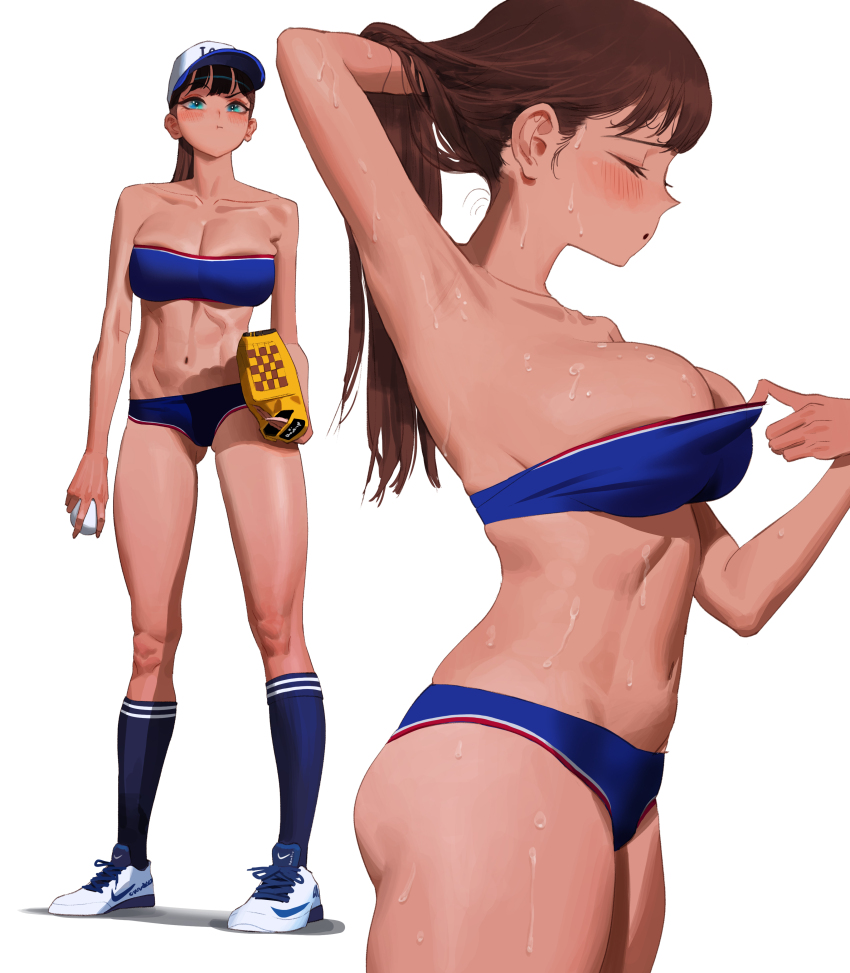 1girl, absurdres, arm_up, armpits, ball, baseball_(object), baseball_cap, baseball_glove