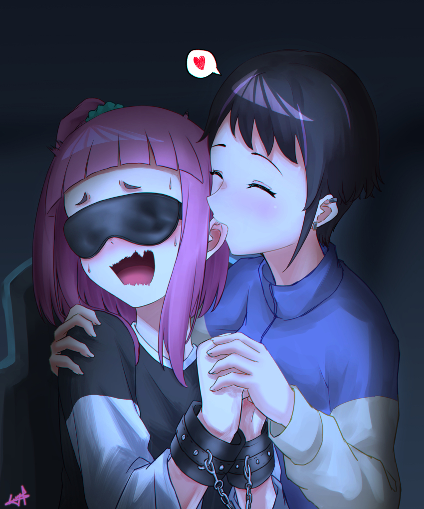 2girls, absurdres, bdsm, biting, biting_ear, black_hair, black_shirt, blindfold, blue_jacket, closed_eyes, commentary, cuffed, cuffs, ear_piercing, earrings, fang, handcuffs, highres, holding_hands, jacket, jewelry, koharu_(yoru_no_kurage_wa_oyogenai), long_sleeves, medium_hair, multiple_girls, mutsuki_(mutsuki0110), nervous_sweating, one_side_up, open_mouth, piercing, pink_hair, shirt, short_hair, sidelocks, signature, skin_fang, sweat, untranslatable_commentary, watase_kiui, yoru_no_kurage_wa_oyogenai, yuri