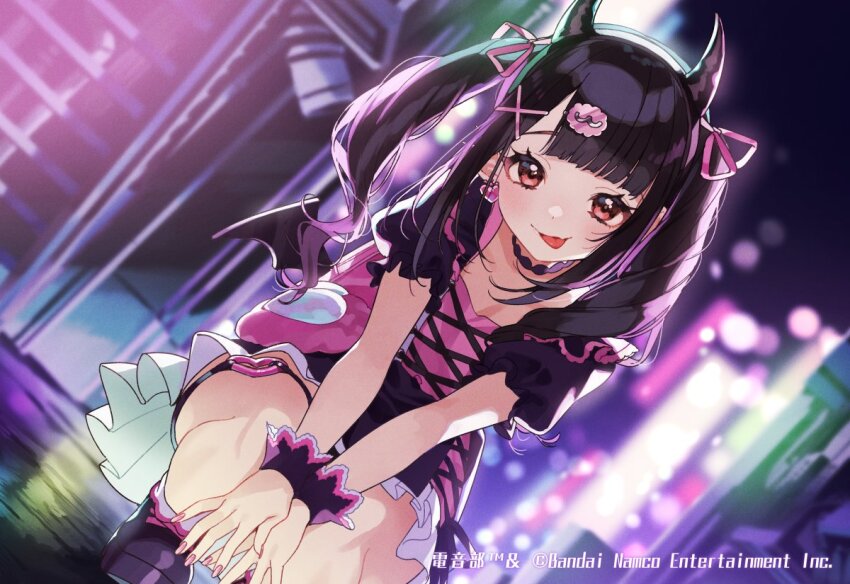 1girl, :p, black_choker, black_footwear, black_hair, blunt_bangs, blurry, bokeh