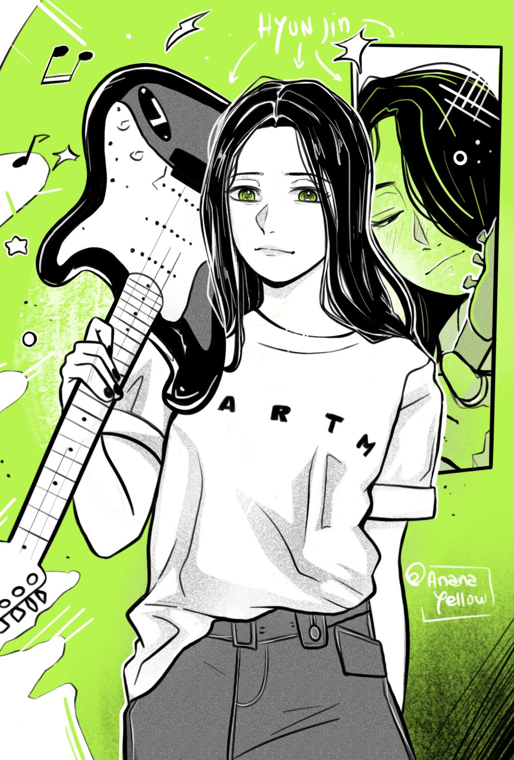 1girl, ananayellow, arrow_(symbol), beamed_sixteenth_notes, blush, character_name, commentary, eighth_note, electric_guitar, english_commentary, fender_stratocaster, green_background, green_eyes, green_theme, guitar, hair_over_one_eye, highres, holding, holding_guitar, holding_instrument, hyunjin_(loossemble), instagram_username, instrument, jewelry, k-pop, long_hair, looking_down, loossemble, multiple_views, musical_note, nail_polish, pants, parody, partially_colored, photo-referenced, real_life, ring, shirt_partially_tucked_in, short_sleeves, sparkle, standing, straight_hair, style_parody, twitter_username, upper_body