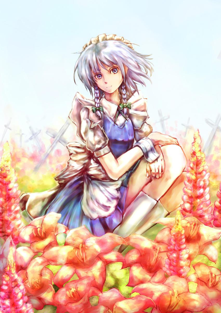 1girl, absurdres, bad_id, bad_pixiv_id, braid, female_focus, flower, highres, izayoi_sakuya, maid, maid_headdress, sanshirou_(ogiogi0827), short_hair, silver_hair, sitting, smile, solo, touhou, twin_braids