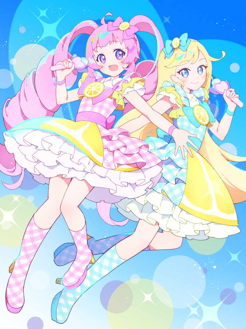 2girls, :d, absurdres, ahoge, aozora_himari, blonde_hair, blue_background, blue_bow