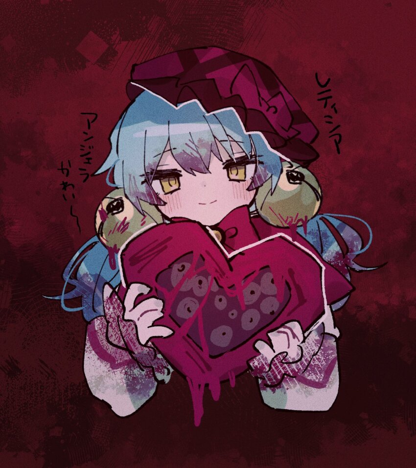 1girl, angela_(project_moon), bell, blush, bow, closed_mouth, cosplay, e.g.o_(project_moon), eringikinono, frilled_hat, frilled_sleeves, frills, hat, hat_bow, heart, highres, holding, holding_heart, jingle_bell, laetitia_(e.g.o), laetitia_(project_moon), laetitia_(project_moon)_(cosplay), library_of_ruina, long_sleeves, looking_at_viewer, low_twintails, pink_bow, pink_hat, project_moon, puffy_long_sleeves, puffy_sleeves, shirt, short_twintails, smile, solo, twintails, white_shirt