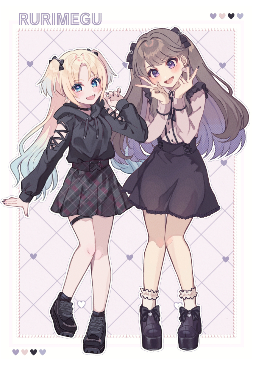 2girls, :d, absurdres, alternate_costume, arm_cutout, black_bow, black_footwear, black_hoodie