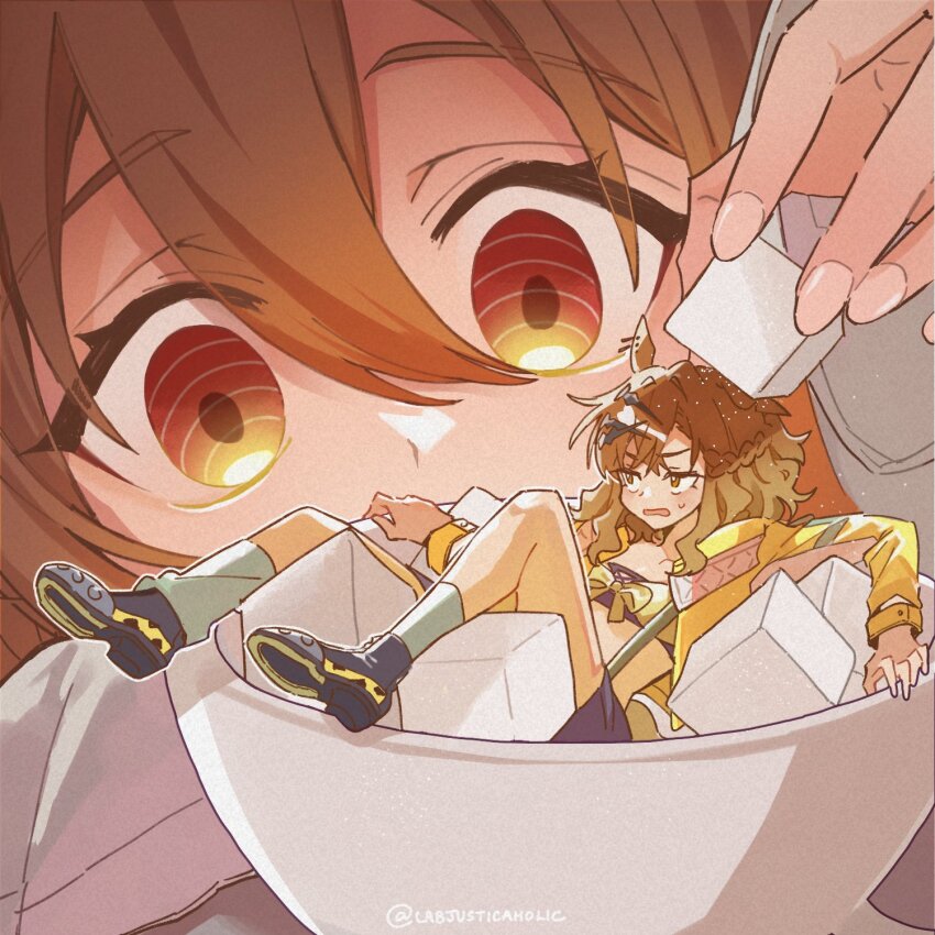 2girls, agnes_tachyon_(umamusume), animal_ears, brown_hair, cup, ear_ornament, food, hair_between_eyes, hair_ornament, hairclip, highres, holding, horse_ears, horse_girl, in_container, in_cup, jacket, jungle_pocket_(umamusume), lab_coat, labjusticaholic, long_sleeves, looking_at_another, medium_hair, mini_person, minigirl, multiple_girls, open_mouth, red_eyes, short_hair, sleeves_past_fingers, sleeves_past_wrists, sugar_cube, sweatdrop, teacup, umamusume, yellow_eyes, yellow_jacket