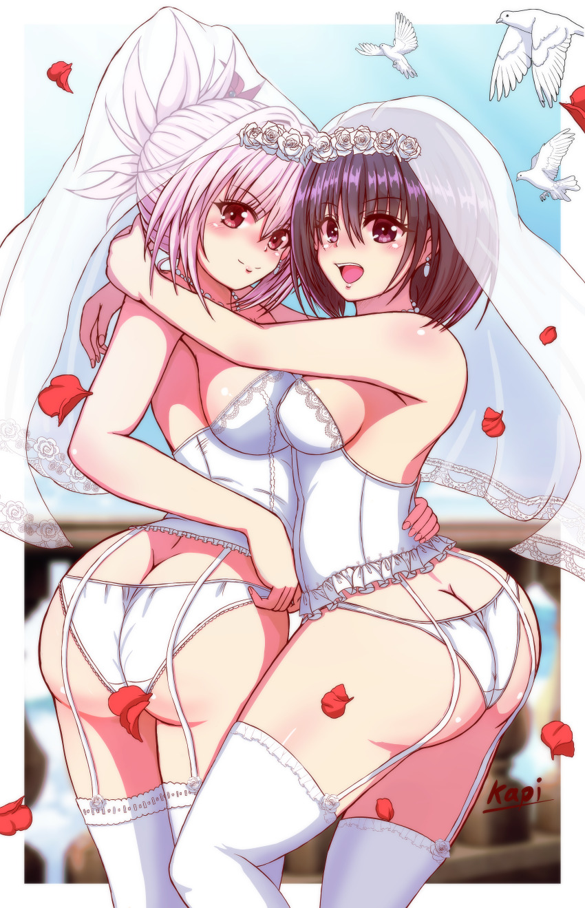 2girls, absurdres, ass, ayakashi_triangle, big_kapipara, blush, bridal_veil, butt_crack