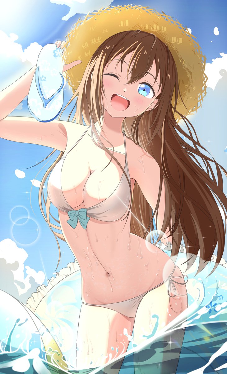 1girl, bikini, blue_eyes, blue_sky, breasts, brown_hair, cloud, commentary_request, flip-flops, hat, highres, holding, lens_flare, long_hair, looking_at_viewer, love_live!, love_live!_nijigasaki_high_school_idol_club, medium_breasts, morio_(mmorio_mu), navel, one_eye_closed, open_mouth, osaka_shizuku, sandals, sky, sparkling_eyes, straw_hat, sunlight, swimsuit, water, wet, white_bikini