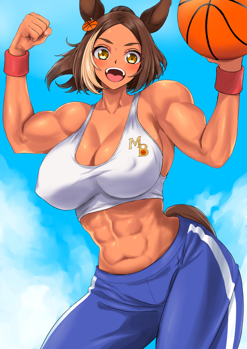 1girl, :d, abs, animal_ears, ball, bare_shoulders, basketball_(object), biceps